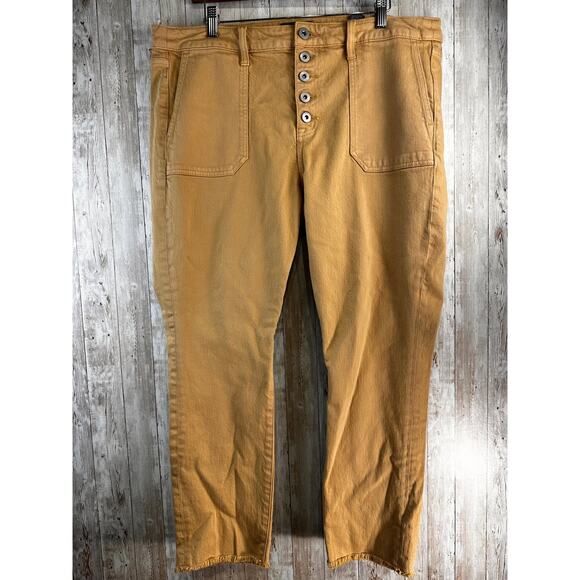 Torrid Feel The Fit Jeans Womens 12R Yellow Ankle Crop Raw Hem Fringe Button Fly - Picture 1 of 12